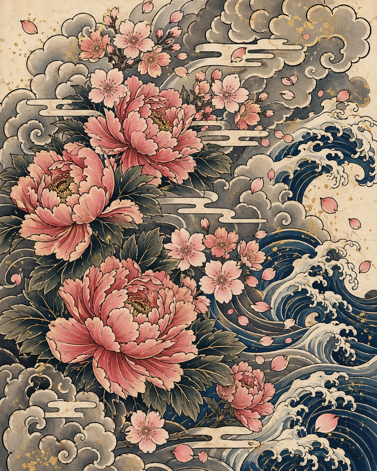 Tattoo combining florals and waves