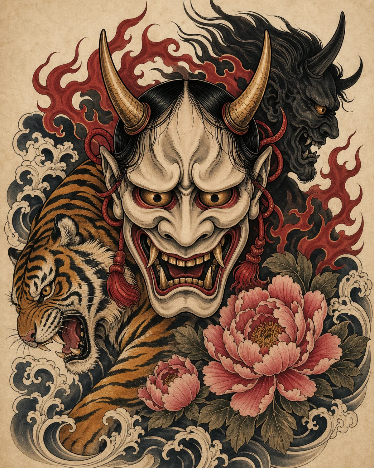 Traditional hannya mask and tiger tattoo