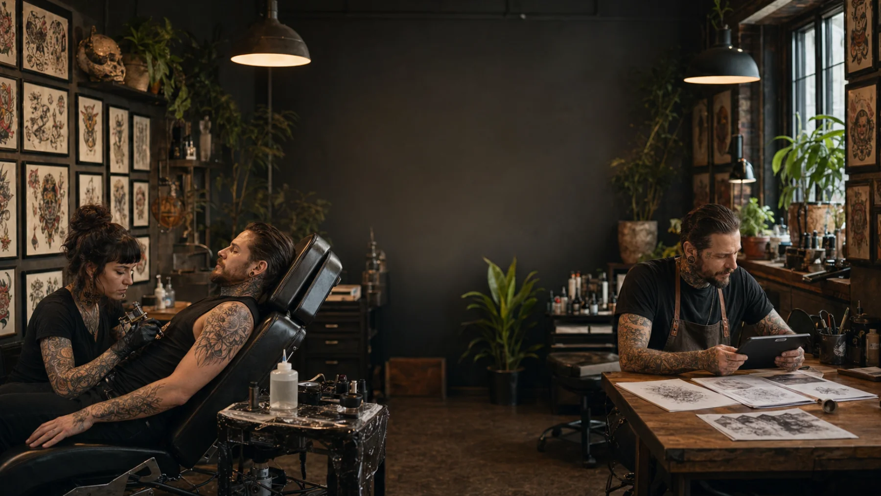 Tattoo artist working on a client in the studio