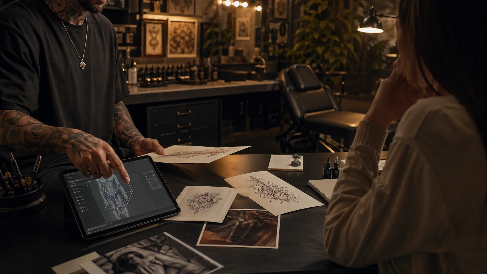 Tattoo artist reviewing a client brief prepared by OpenInk Studio